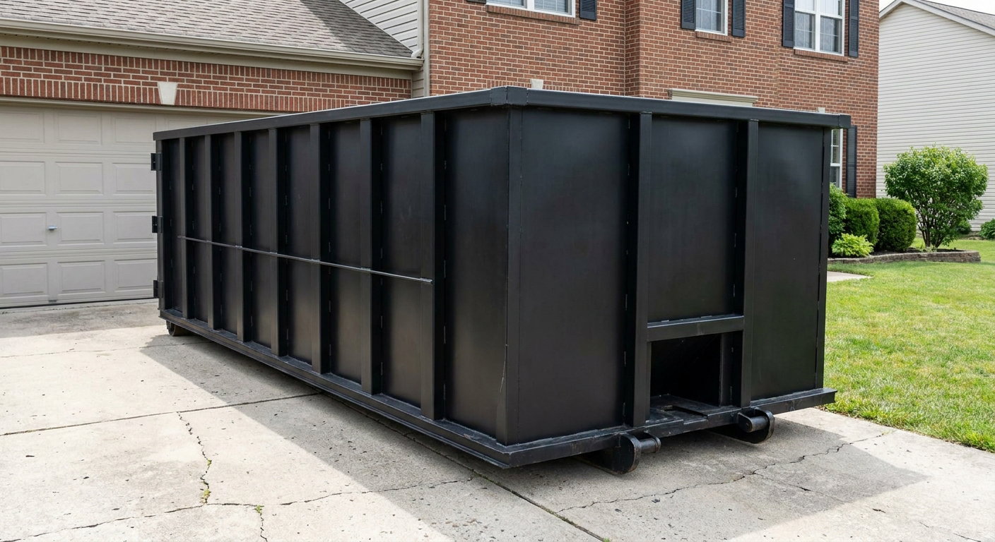 Matte-black 20-yard roll-off container on a Palo Alto residential concrete driveway with reinforced ribbed steel sidewalls and a hinged rear walk-in door, clean bright daylight.