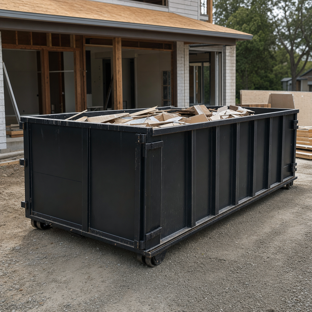 Large matte-black 30-yard construction roll-off dumpster at an active Palo Alto jobsite, steel-gray top rails and bottom rollers visible, loaded with construction debris.