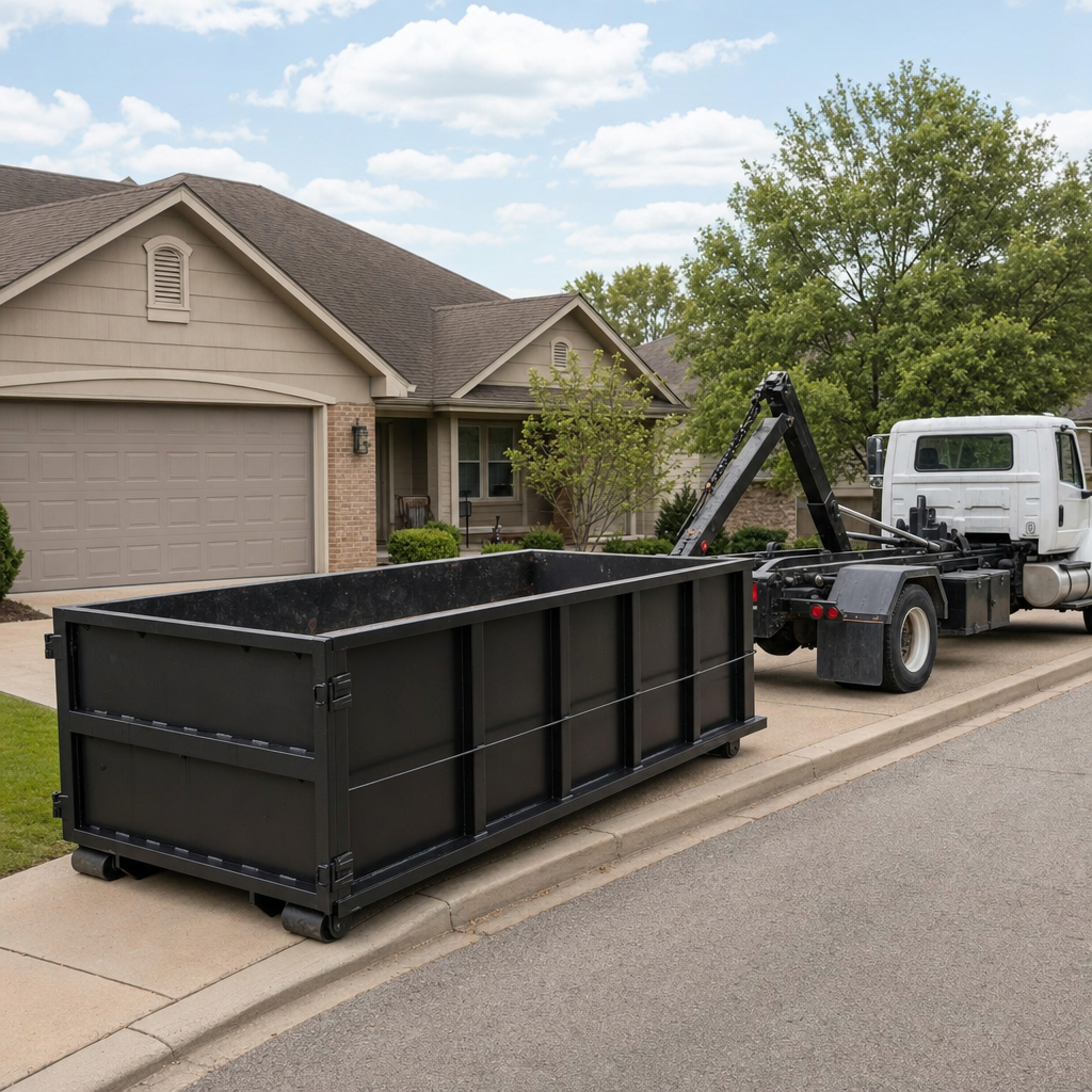 Wide documentary shot of a matte-black roll-off dumpster on a Palo Alto residential driveway in the foreground and a contractor jobsite container in the soft-focus background, bright daylight, calm and orderly composition.