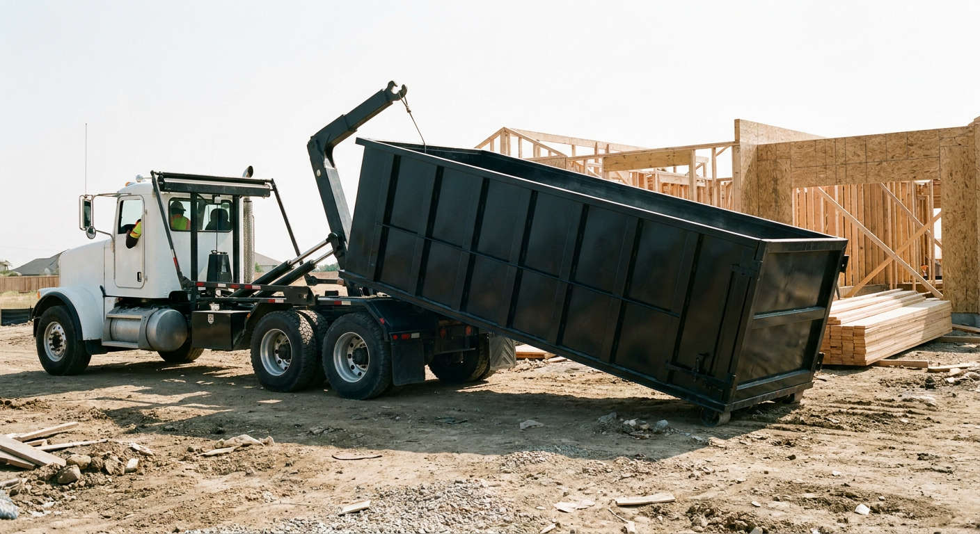 Matte-black roll-off dumpster being delivered onto a clean residential concrete driveway in Palo Alto by an unmarked white hooklift hauler truck, bright morning daylight, documentary 35mm perspective.